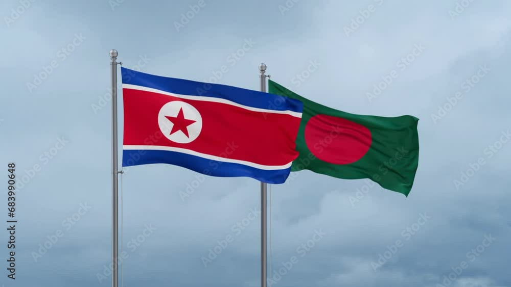 Bangladesh flag and North Korea flag waving together on cloudy sky, endless seamless loop, two country relations concept Bangladesh flag and North Korea flag waving together on cloudy sky, endless seamless loop, two country relations concept