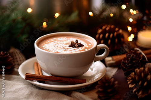 A cup of hot cocoa with spices. Christmas mood. Generative AI