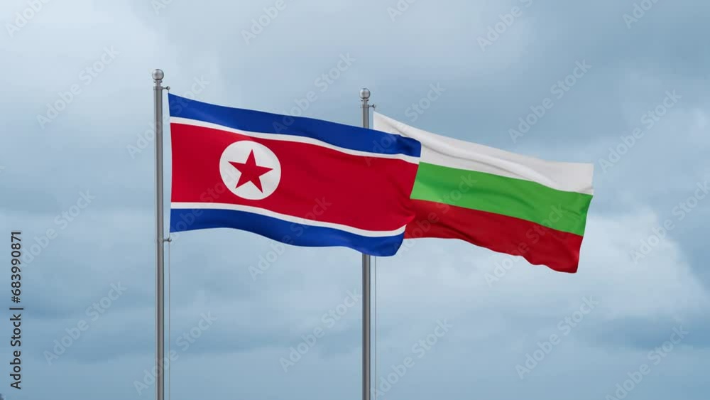 Bulgaria flag and North Korea flag waving together on cloudy sky, endless seamless loop, two country relations concept Bulgaria flag and North Korea flag waving together on cloudy sky, endless seamless loop, two country relations concept