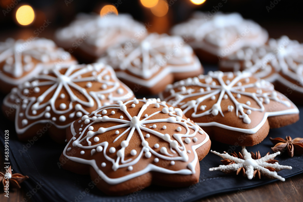 Christmas gingerbread cookies with beautiful patterns, New Year's atmosphere. Top view. Generative AI.