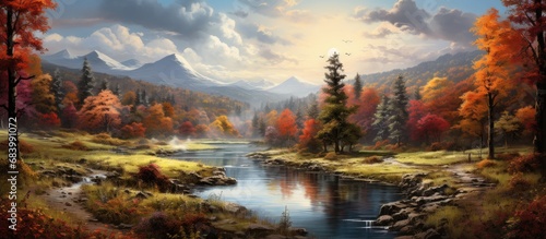 In the midst of the forest  a vibrant landscape unfolded  painted with the breathtaking colors of autumn  lush green grass  orange leaves adorning the trees  and a tapestry of colorful plant life