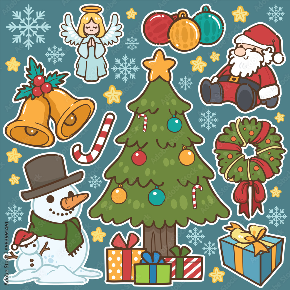 christmas vector and illustrations, merry christmas, christmas tree, snowman, santa, bell, angel, present, candy cane, wreath, pine tree, snowflake, holly, baubles, hat