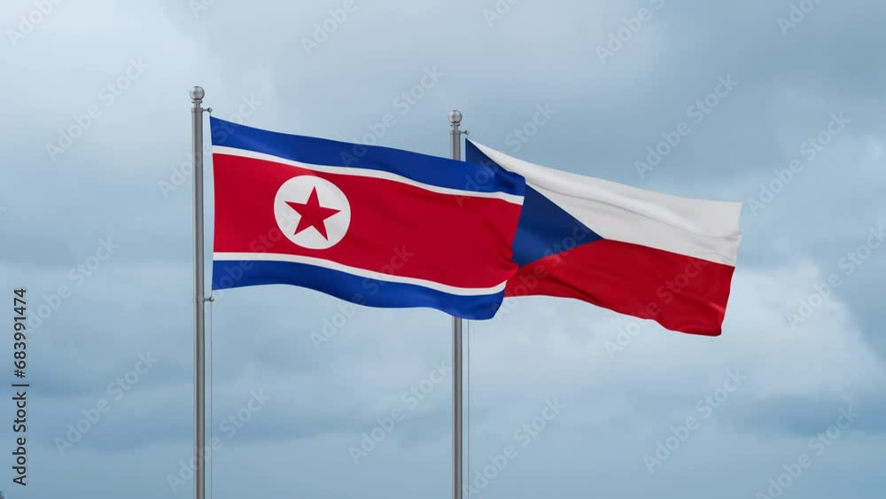Czech Republic flag and North Korea flag waving together on cloudy sky, endless seamless loop, two country relations concept Czech Republic flag and North Korea flag waving together on cloudy sky, endless seamless loop, two country relations concept