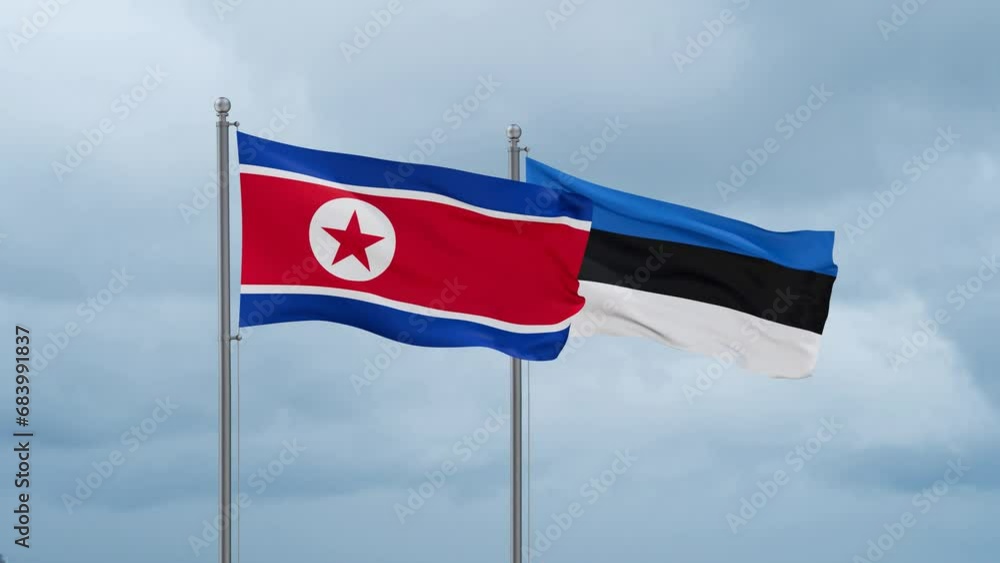 Estonia flag and North Korea flag waving together on cloudy sky, endless seamless loop, two country relations concept Estonia flag and North Korea flag waving together on cloudy sky, endless seamless loop, two country relations concept