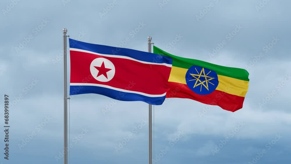 Ethiopia flag and North Korea flag waving together on cloudy sky, endless seamless loop, two country relations concept Ethiopia flag and North Korea flag waving together on cloudy sky, endless seamless loop, two country relations concept