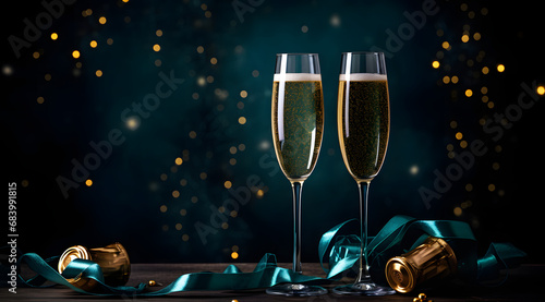 Two glasses of champagne on dark background, in the style of teal and light gold, vibrant stage backdrops, xmaspunk