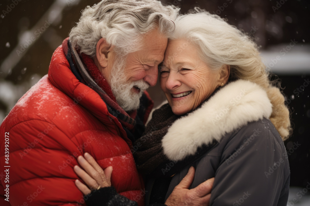 Portrait of senior couple in snow. Portrait of senior couple in snow.