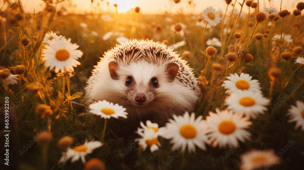 A little hedgehog stands in the flowers in the sun.
A little hedgehog stands in the flowers in the sun.