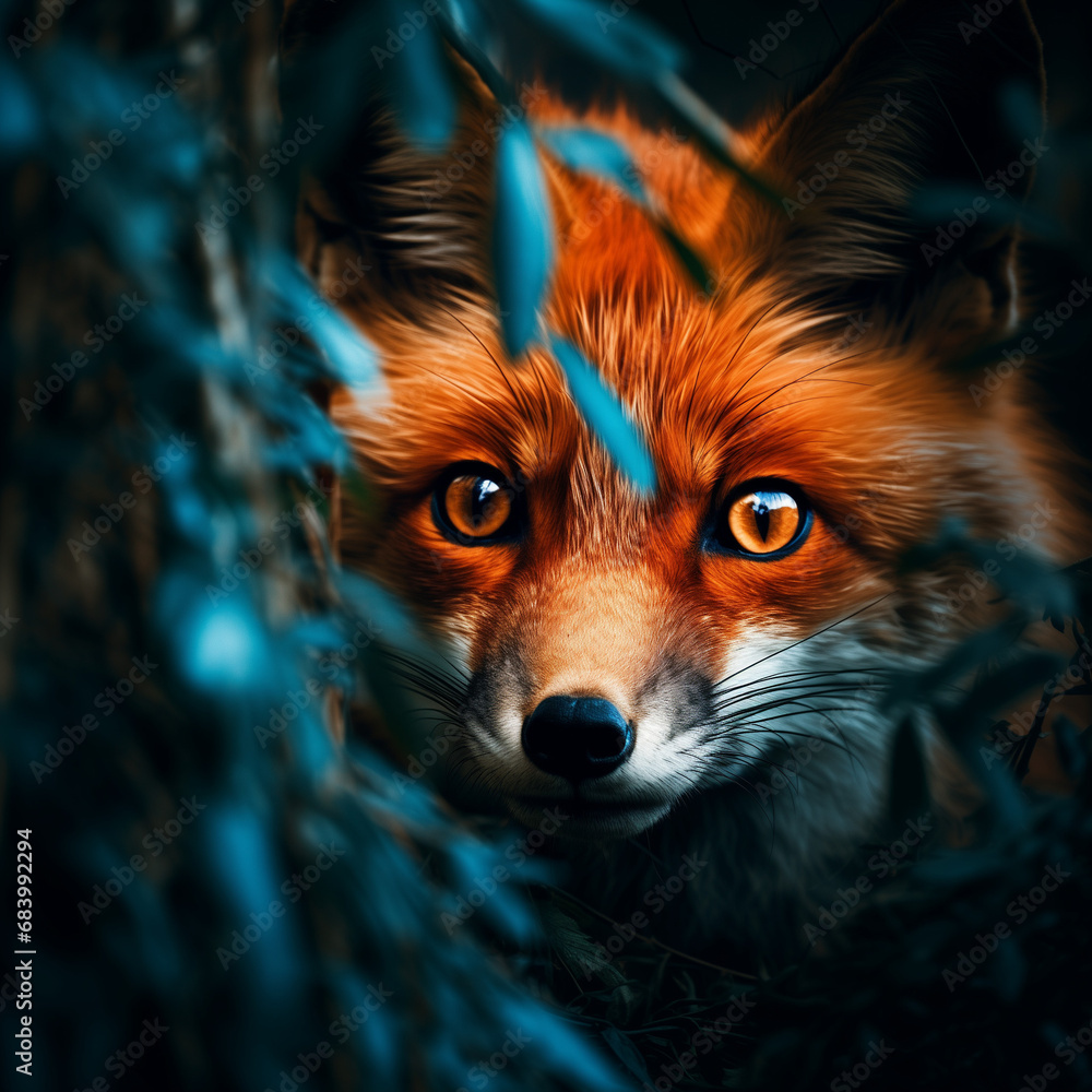 Naklejka premium Fox with bright eyes staring out through the branches.