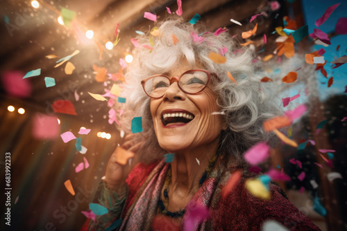 Close-up portrait of cheerful senior grey-haired woman with colorful confetti.