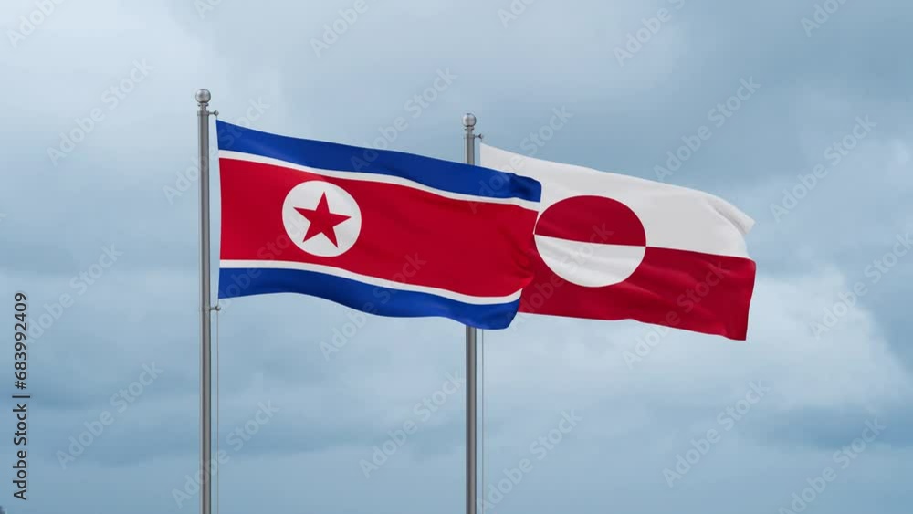 Greenland flag and North Korea flag waving together on cloudy sky, endless seamless loop, two country relations concept Greenland flag and North Korea flag waving together on cloudy sky, endless seamless loop, two country relations concept