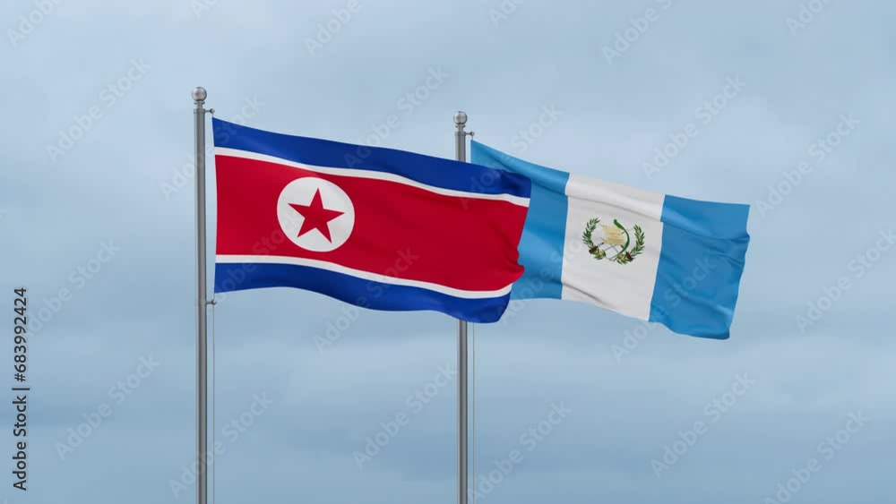 Guatemala flag and North Korea flag waving together on cloudy sky, endless seamless loop, two country relations concept Guatemala flag and North Korea flag waving together on cloudy sky, endless seamless loop, two country relations concept