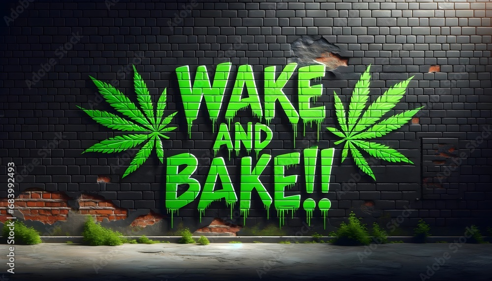 Wake and bake green graffiti on black brick wall, street art background, wallpaper