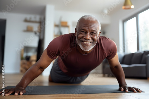 Detailed close-up captures the warm smile of a senior man as he maintains his fitness with a set of exercises, showcasing the ease and enjoyment of his workout routine.
