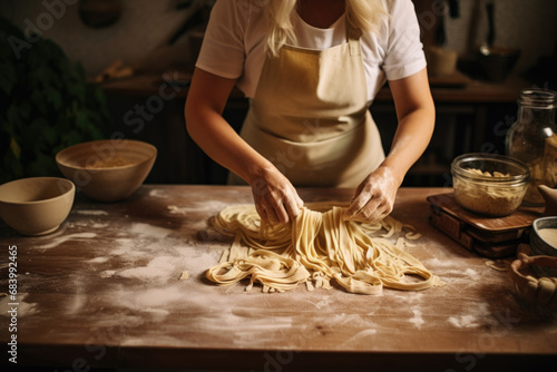 Woman at kitchen making homemade pasta from dough.