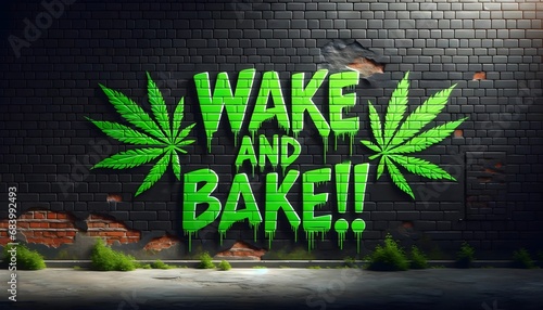 Obraz na płótnie Wake and bake green graffiti on black brick wall, street art background, wallpaper w salonie