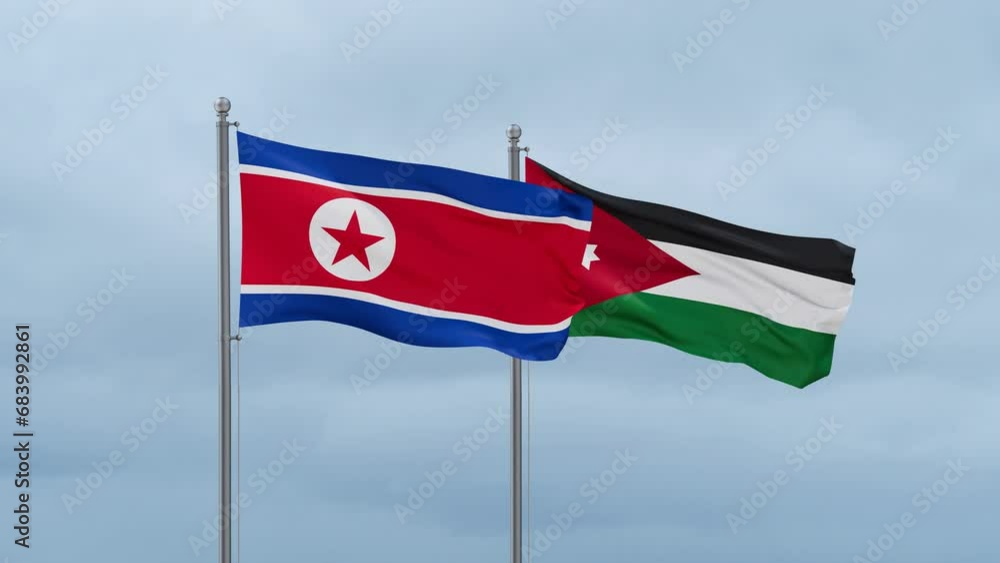 Jordan flag and North Korea flag waving together on cloudy sky, endless seamless loop, two country relations concept Jordan flag and North Korea flag waving together on cloudy sky, endless seamless loop, two country relations concept