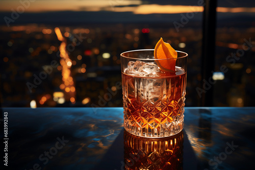 a beautiful cocktail at a rooftop bar overlooking a gorgeous city photo