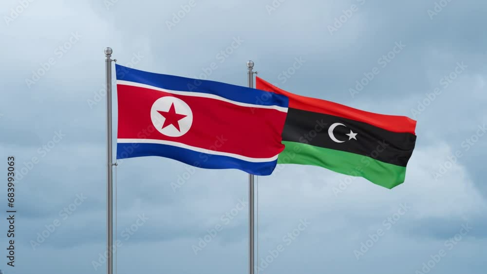 Libya and North Korea flag waving together on cloudy sky, endless seamless loop, two country cooperation concept Libya and North Korea flag waving together on cloudy sky, endless seamless loop, two country cooperation concept