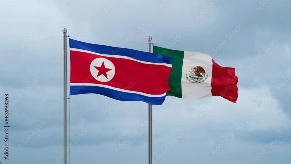Mexico flag and North Korea flag waving together on cloudy sky, endless seamless loop, two country relations concept Mexico flag and North Korea flag waving together on cloudy sky, endless seamless loop, two country relations concept