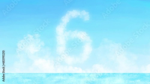 海と青空のカウントダウンアニメーション。雲で形作られた数字が虹のかかる青空に現れる。 photo