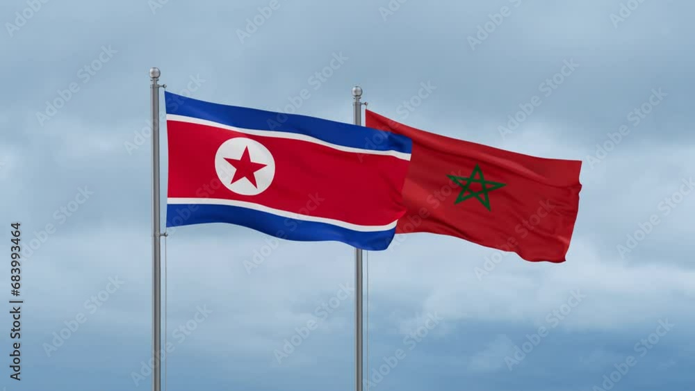 Morocco flag and North Korea flag waving together on cloudy sky, endless seamless loop, two country relations concept Morocco flag and North Korea flag waving together on cloudy sky, endless seamless loop, two country relations concept