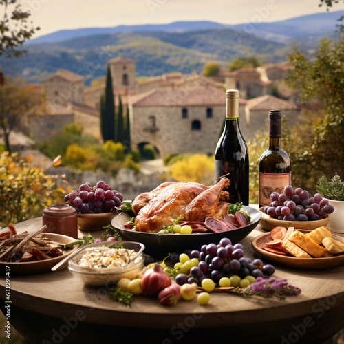 provencal thanksgiving feast with turkey and traditional side dishes in front of a winery background
