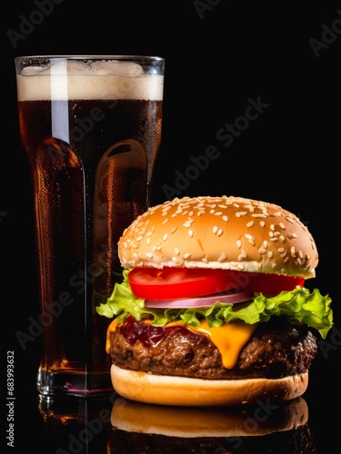 Glass of beer and tasty hamburger on black background.