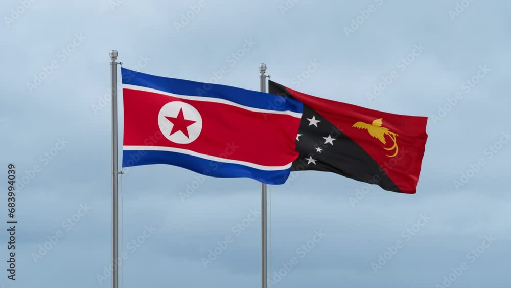 Papua New Guinea flag and North Korea flag waving together on cloudy sky, endless seamless loop, two country relations concept Papua New Guinea flag and North Korea flag waving together on cloudy sky, endless seamless loop, two country relations concept