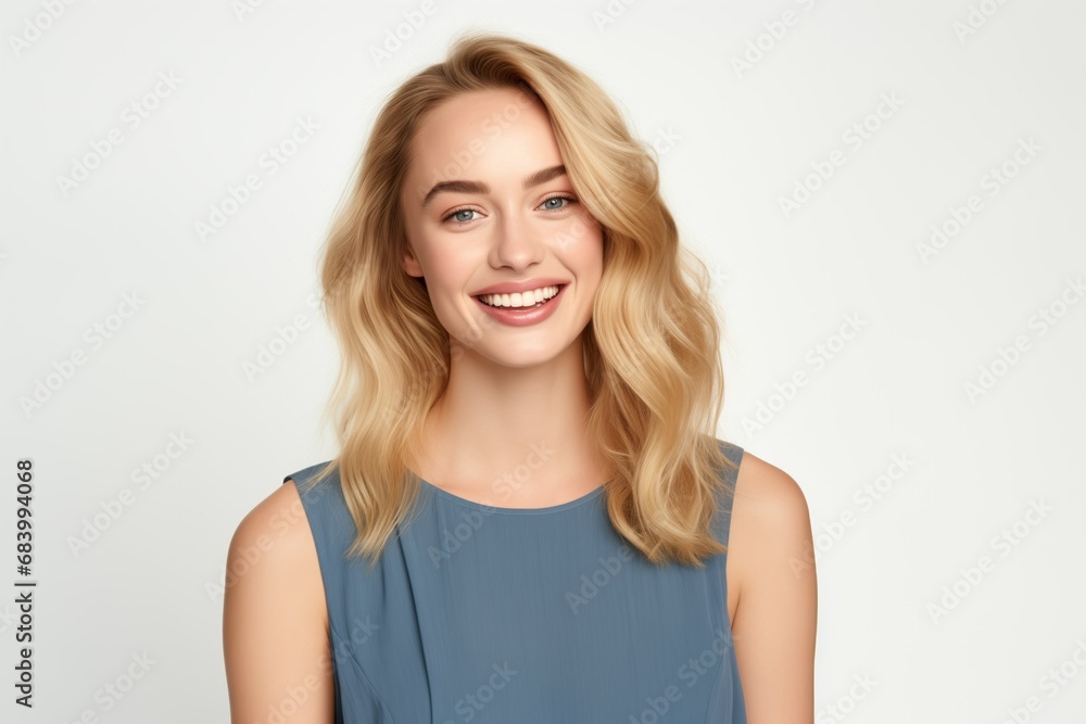Pretty Fictional Swedish Woman Smiling. Natural Beauty Isolated on a Plain White Background. Generative AI. Pretty Fictional Swedish Woman Smiling. Natural Beauty Isolated on a Plain White Background. Generative AI.