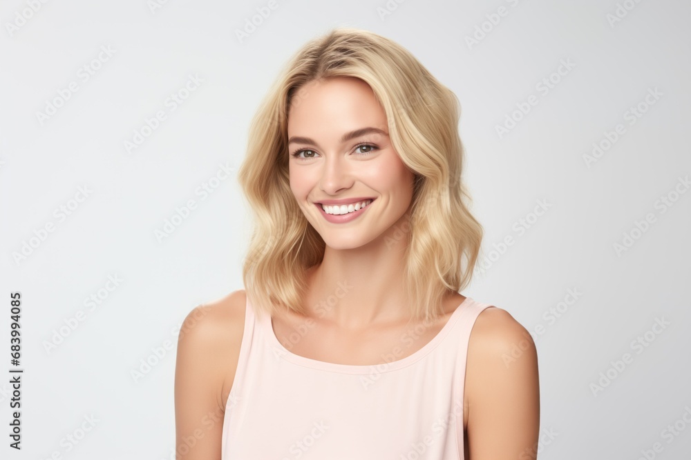 Pretty Fictional Norwegian Lady Smiling. Natural Beauty Isolated on a Plain White Background. Generative AI. Pretty Fictional Norwegian Lady Smiling. Natural Beauty Isolated on a Plain White Background. Generative AI.
