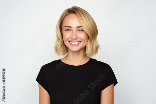 Pretty Fictional Norwegian Woman Smiling. Natural Beauty Isolated on a Plain White Background. Generative AI. photo