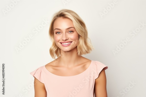 Pretty Fictional Scandinavian Model Smiling. Natural Beauty Isolated on a Plain White Background. Generative AI.