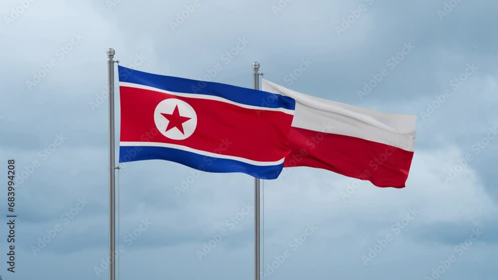 Poland and North Korea flag waving together on cloudy sky, endless seamless loop, two country cooperation concept Poland and North Korea flag waving together on cloudy sky, endless seamless loop, two country cooperation concept