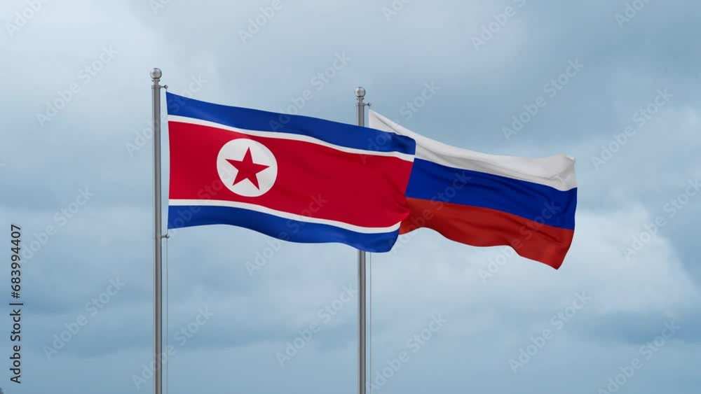 Russian Federation and North Korea flag waving together on cloudy sky, endless seamless loop Russian Federation and North Korea flag waving together on cloudy sky, endless seamless loop