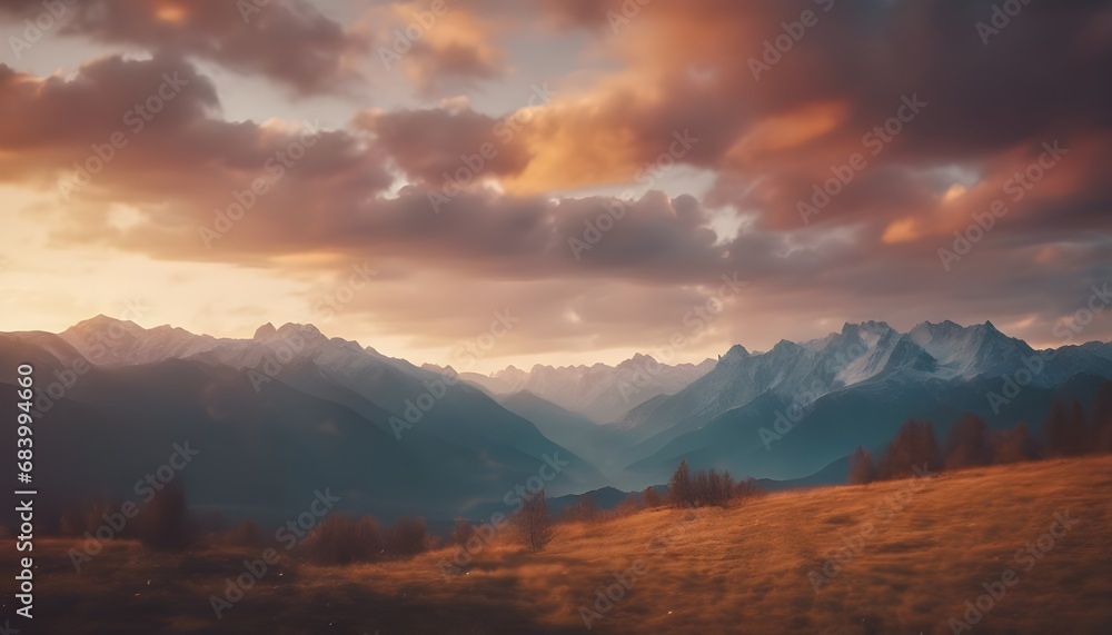 beautiful landscape with mountains and nature, during sun set, warm colors