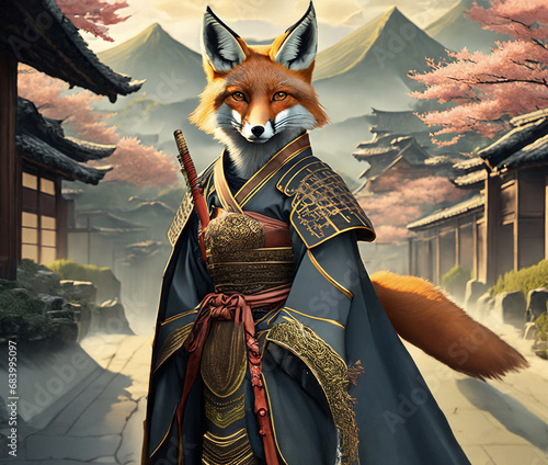Illustration d'un renard debout en tenue d'un guerrier samouraï ou du soleil levant dans un décor traditionnel japonais le tout généré par l'intelligence artificielle photo