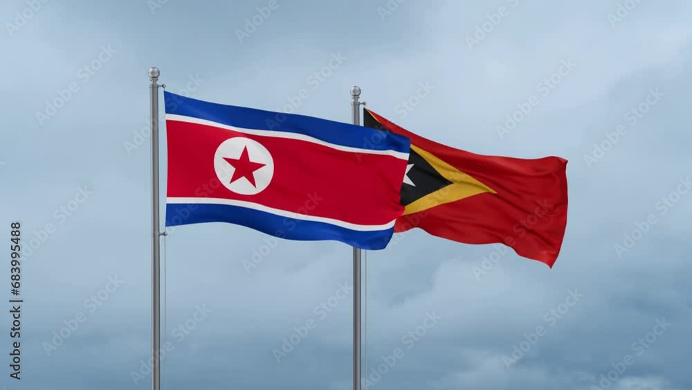 East Timor and North Korea flag waving together on cloudy sky, endless seamless loop, two country cooperation concept East Timor and North Korea flag waving together on cloudy sky, endless seamless loop, two country cooperation concept