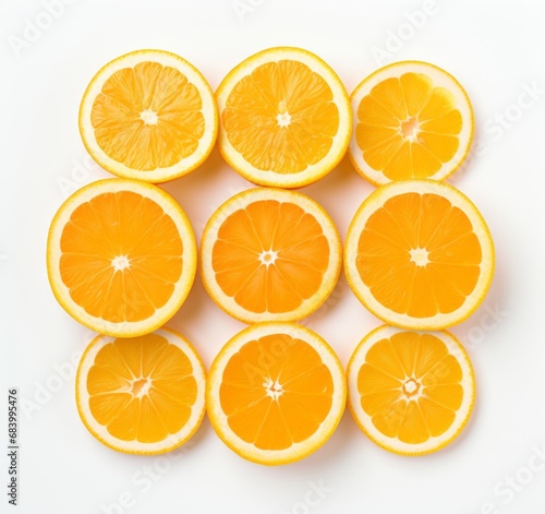 Refreshing Burst of Citrus: Artful Arrangement of Orange Slices on a White Canvas Generative AI