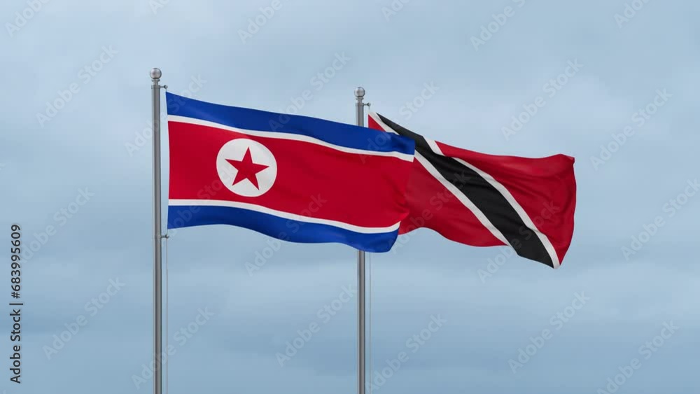 Trinidad and Tobago and North Korea flag waving together on cloudy sky, endless seamless loop, two country cooperation concept Trinidad and Tobago and North Korea flag waving together on cloudy sky, endless seamless loop, two country cooperation concept