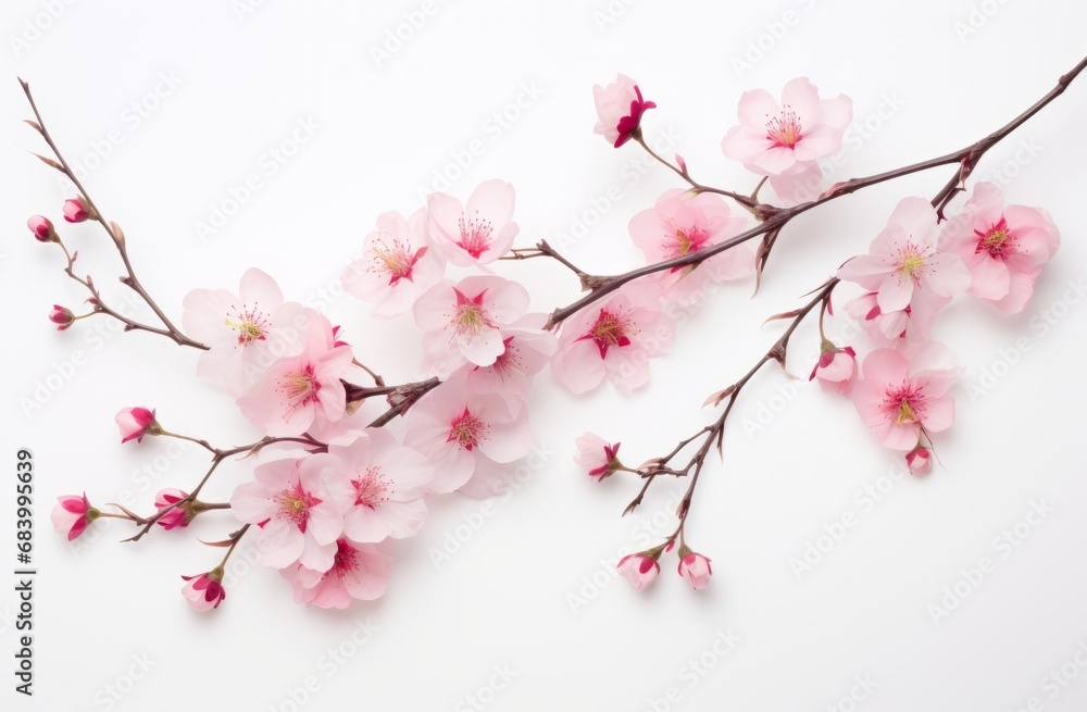Obraz premium Exquisite Pink Blossoms: An Artistic Contrast Against Pure White Background Generative AI