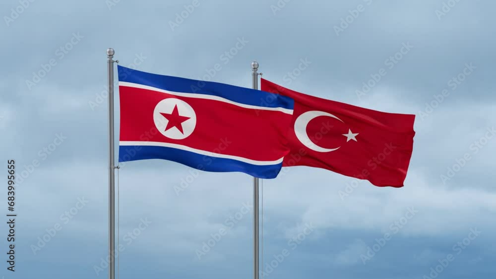 Republic of Turkey and North Korea flag waving together on cloudy sky, endless seamless loop, two country cooperation concept Republic of Turkey and North Korea flag waving together on cloudy sky, endless seamless loop, two country cooperation concept