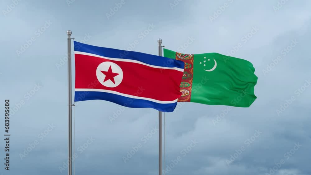 Turkmenistan and North Korea flag waving together on cloudy sky, endless seamless loop, two country cooperation concept Turkmenistan and North Korea flag waving together on cloudy sky, endless seamless loop, two country cooperation concept