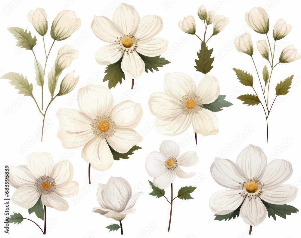 Discover the Pure Elegance: Stunning Collection of White Flowers Isolated on a White Background Generative AI