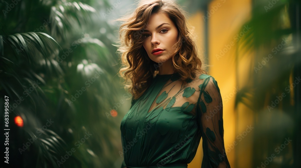 Sensual young girl model in a green dress with designed floral details on it Sensual young girl model in a green dress with designed floral details on it