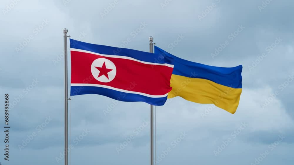 Ukraine and North Korea flag waving together on cloudy sky, endless seamless loop, two country cooperation concept Ukraine and North Korea flag waving together on cloudy sky, endless seamless loop, two country cooperation concept