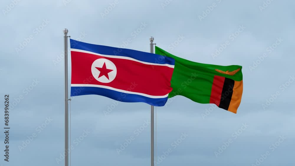 Zambia and North Korea flag waving together on cloudy sky, endless seamless loop, two country cooperation concept Zambia and North Korea flag waving together on cloudy sky, endless seamless loop, two country cooperation concept