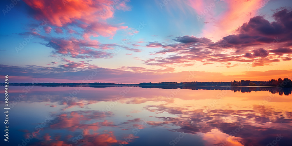 sunset over the lake, Majestic Sky, Colorful View Image, Sunset over a lake with clouds and a beautiful sky