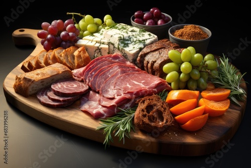Set of various alternative raw meat, veal beef steaks - chateau mignon, t-bonnet, tomahawk, striploin, tenderloin, tenderloin, new york steak. Cheese and meat platter with nuts and dried fruits