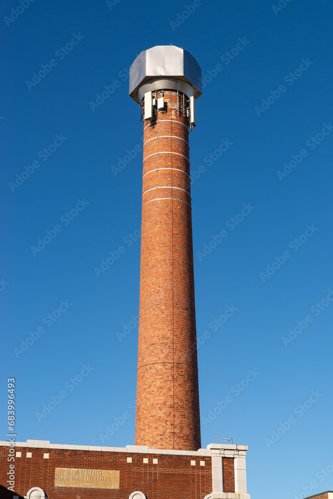 Brick smokestack.